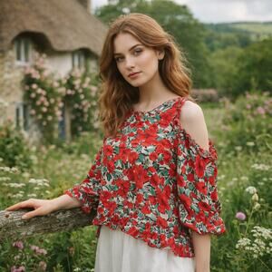 ZARA Red Floral Cold Shoulder Ruffle Blouse XS Boho Cottagecore Romantic Top